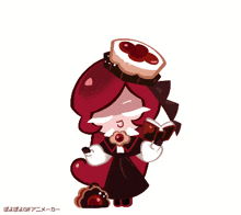 a cartoon character with a cake on her head