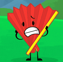 a cartoon drawing of a red fan with arms and legs holding a yellow stick .