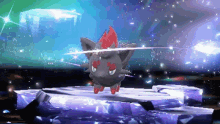 a pokemon with a red tail is standing on a ice block