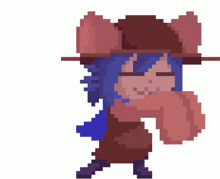 a pixel art of a person wearing a hat and a scarf