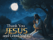 a thank you jesus and good night poster with jesus praying under a tree