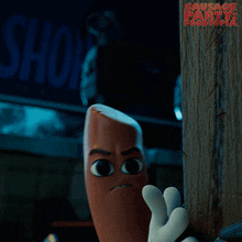a poster for sausage party foodtopia shows two sausages peeking over a wall