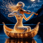 a woman is playing a violin in a boat in the water