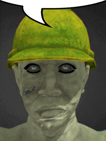 a man wearing a green helmet with a speech bubble above his head