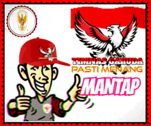 a cartoon of a man giving a thumbs up in front of a flag that says timinas garuda pasti menang mantap