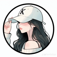 a drawing of a girl wearing a white hat with the letter k on it