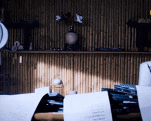 a bamboo wall with a globe on a shelf