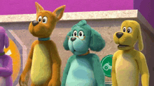three cartoon dogs are standing next to each other and one has glasses on