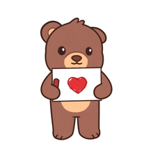 a brown teddy bear is holding a piece of paper with a red heart drawn on it