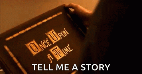 the exterior of a book with the title "once upon a time" that's captioned with "tell me a story"