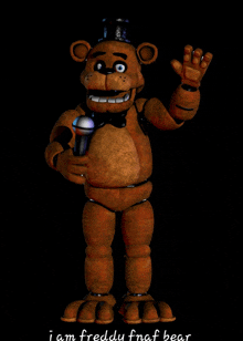 a freddy fnaf bear holding a microphone and waving