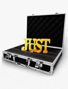 a black briefcase with the word just in gold
