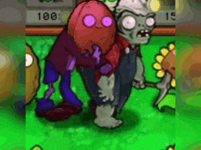 a cartoon of two zombies standing next to each other in a game .
