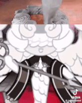 a cartoon character is holding a sword and a sword in his hands .