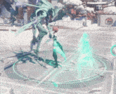 a screenshot of a video game shows a girl standing in front of a green monster
