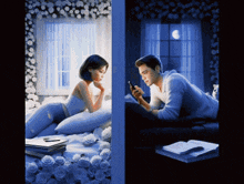 a man is looking at his phone while a woman sits on a couch