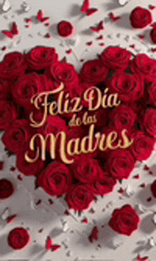 a heart made of red roses with the words feliz dia de las madres