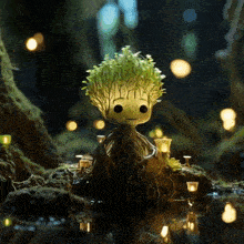 a tree with roots and leaves is sitting in a pond with candles