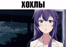a cartoon girl with purple hair is standing in front of a door .