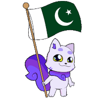a cartoon squirrel is holding a green and white flag with a crescent moon and star on it