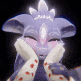 a close up of a purple dragon with its eyes closed and its hands on its face