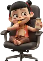 a cartoon character is sitting in an office chair eating chips and holding a jar of food