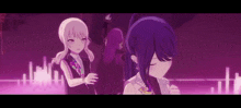 a group of anime girls standing next to each other in a dark room .