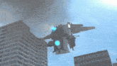 a futuristic aircraft with a blue light on the tail is flying over buildings