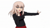 a drawing of a girl with a red skirt and a black jacket with the word kyo on it