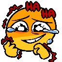 a cartoon smiley face with tears running down its face and the words `` ha ha '' written on it .