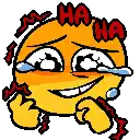 a cartoon smiley face with tears running down its face and the words `` ha ha '' written on it .