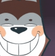 a close up of a cartoon dog 's face with a big smile on it .