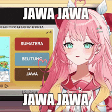 a girl with pink hair is standing in front of a screen that says " jawa jawa "