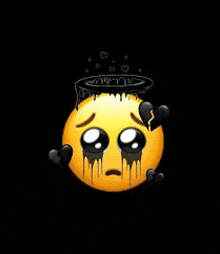 a sad emoji with a halo and broken hearts on it 's head .