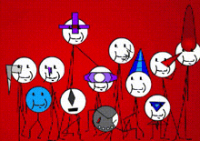 a group of stick figures are standing next to each other on a red background ..