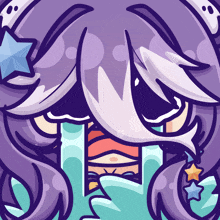 a cartoon drawing of a girl with purple hair and a star on her head