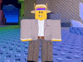 a yellow roblox character wearing a suit and a straw hat