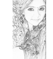 a pencil drawing of a woman with long hair and earrings
