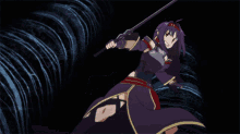 a purple haired anime character with a red l on her sleeve