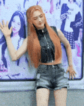 a girl with red hair is standing in front of a poster that says ' lucky girl '