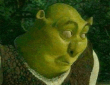 a close up of shrek 's face in a painting . shrek is a cartoon character from the movie shrek .