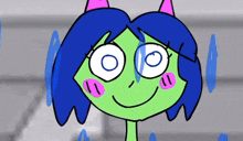 a cartoon drawing of a girl with blue hair