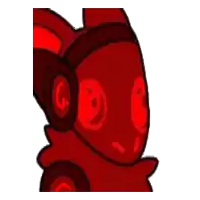 a red cartoon character with red eyes and headphones on a white background .