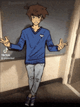 a boy in a blue shirt is standing in front of a door with his arms outstretched and a tiktok icon above him
