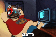 a cartoon of a man sitting in front of a computer with the words $ lotto on the bottom