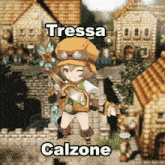 a cartoon character named tressa calzone is holding a sword in front of a brick building