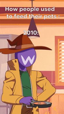 a cartoon of a man with a w on his head holding a pan