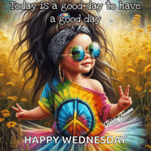 a painting of a girl wearing sunglasses and a tie dye shirt with a peace sign