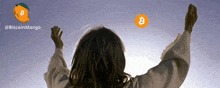 a person with their arms outstretched with a bitcoin logo behind them