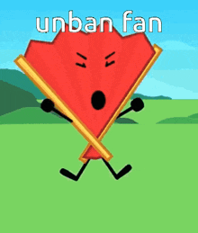 a cartoon drawing of a red fan with arms and legs and the words unban fan below it